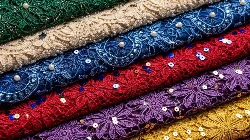 Close-up of luxurious beaded French lace and cord lace fabrics in rich jewel tones
