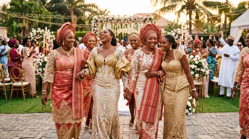 A group of elegantly dressed women wearing coordinated aso-ebi in vibrant Aso-oke and lace fabrics at a Nigerian celebration