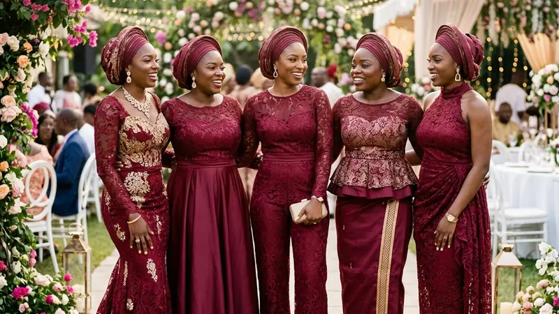Bridal party in coordinated burgundy lace aṣọ ẹbí, each in a unique custom style, at an outdoor wedding celebration