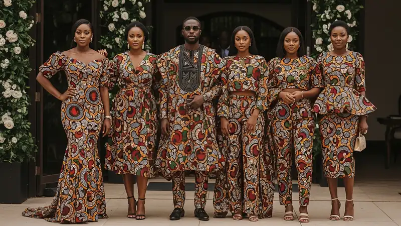 A joyful group of guests in coordinated aṣọ ẹbí, each wearing a unique custom-tailored style cut from the same vibrant fabric
