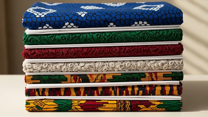 Carefully folded vibrant Ankara, lace, and Aso-oke fabrics stored with tissue paper